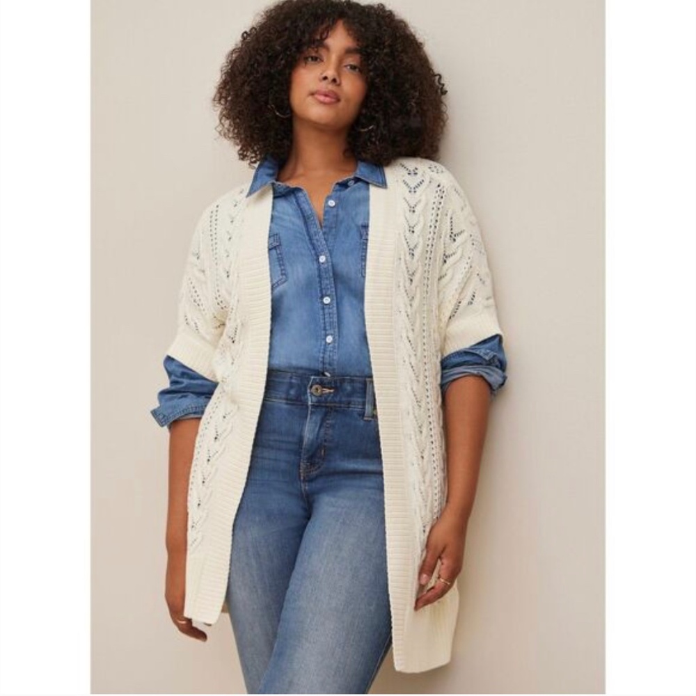 NWT Torrid Cardigan Sweater Size 3/4 22/24 Cream Belted Dolman Cable Vest Open